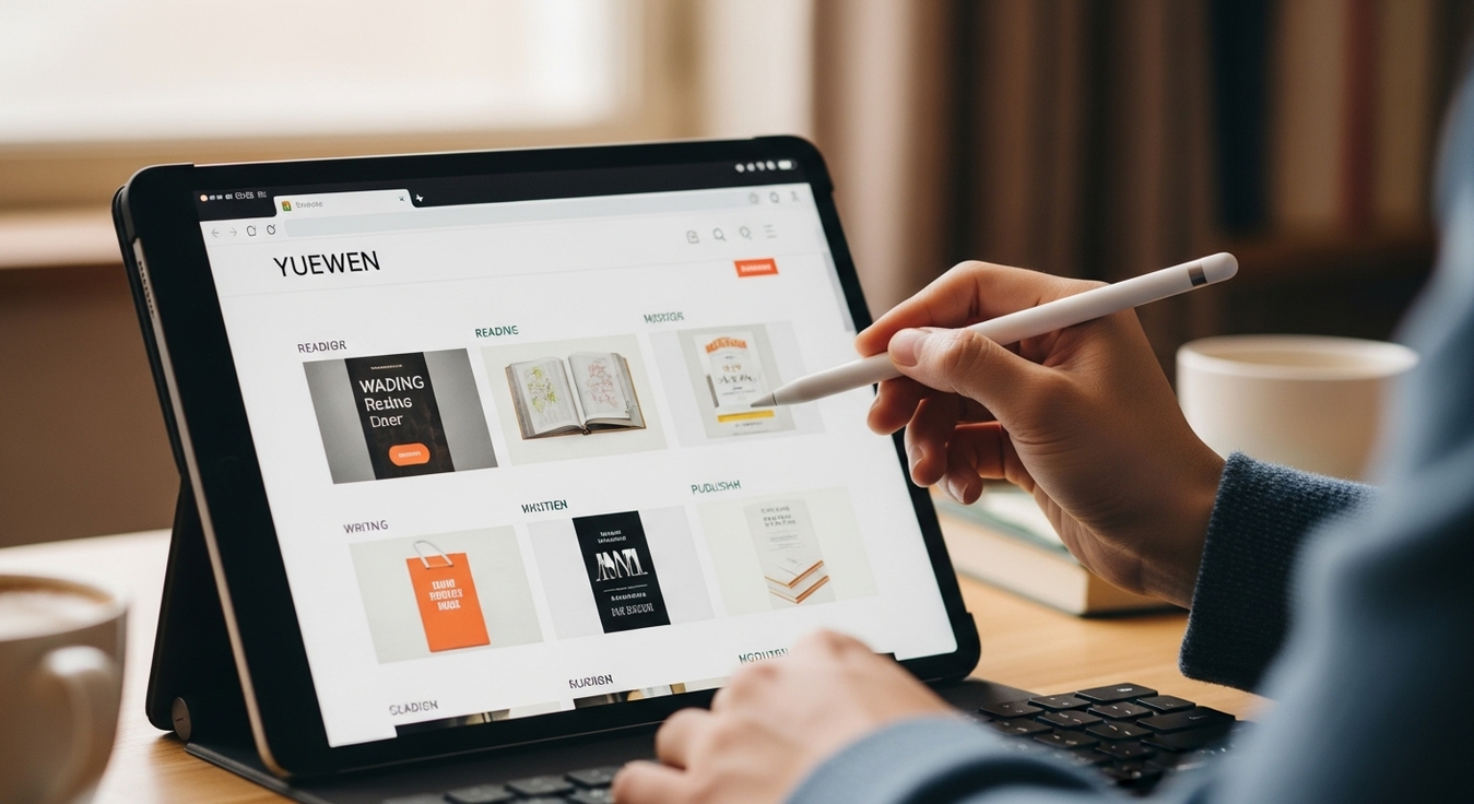 Pessoa usa tablet com interface da plataforma Yuewen.