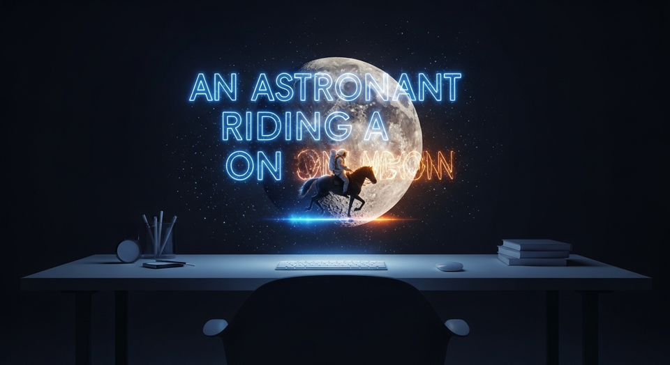 Letreiro neon sobre astronauta cavalgando na lua.