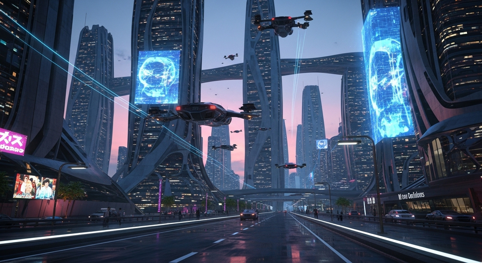 Carros voadores e hologramas em metrópole futurista.