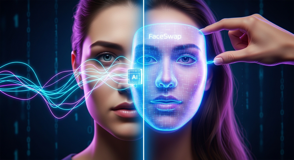 Rosto dividido com malha digital e ícone de IA.