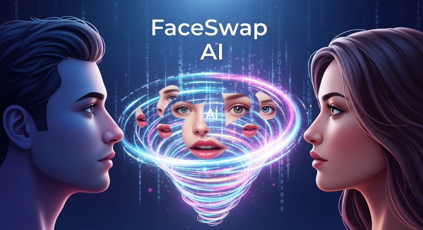 Homem e mulher olham vórtex com partes de rosto flutuando.