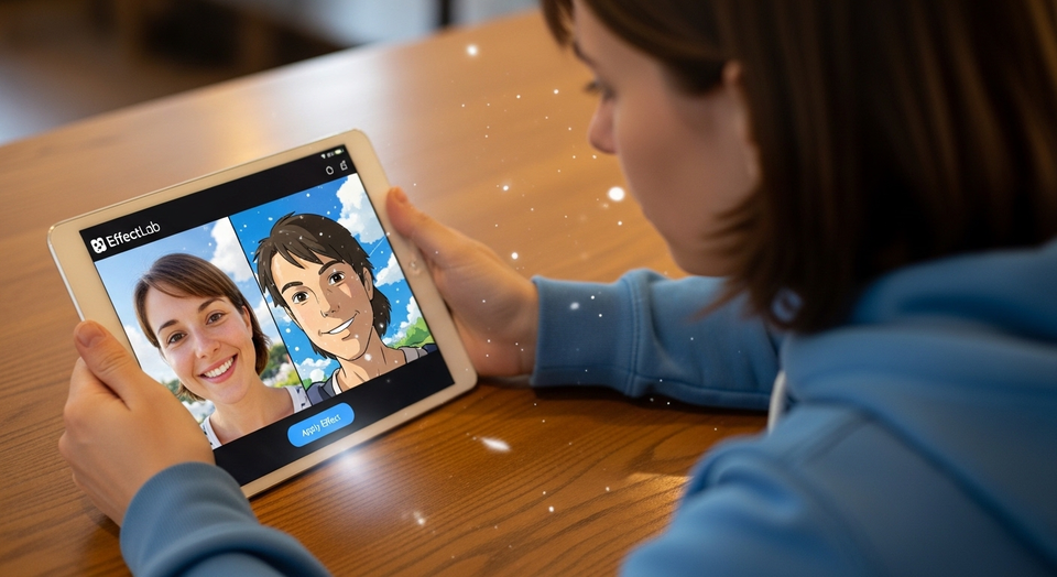 Mulher usa tablet para transformar foto em desenho com IA.