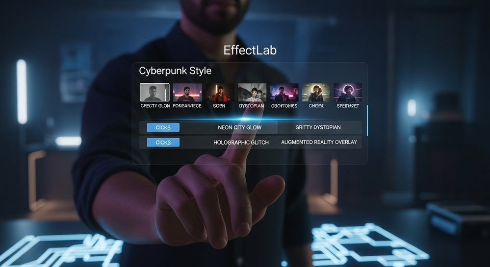 Homem toca tela flutuante com opções de filtro Cyberpunk.