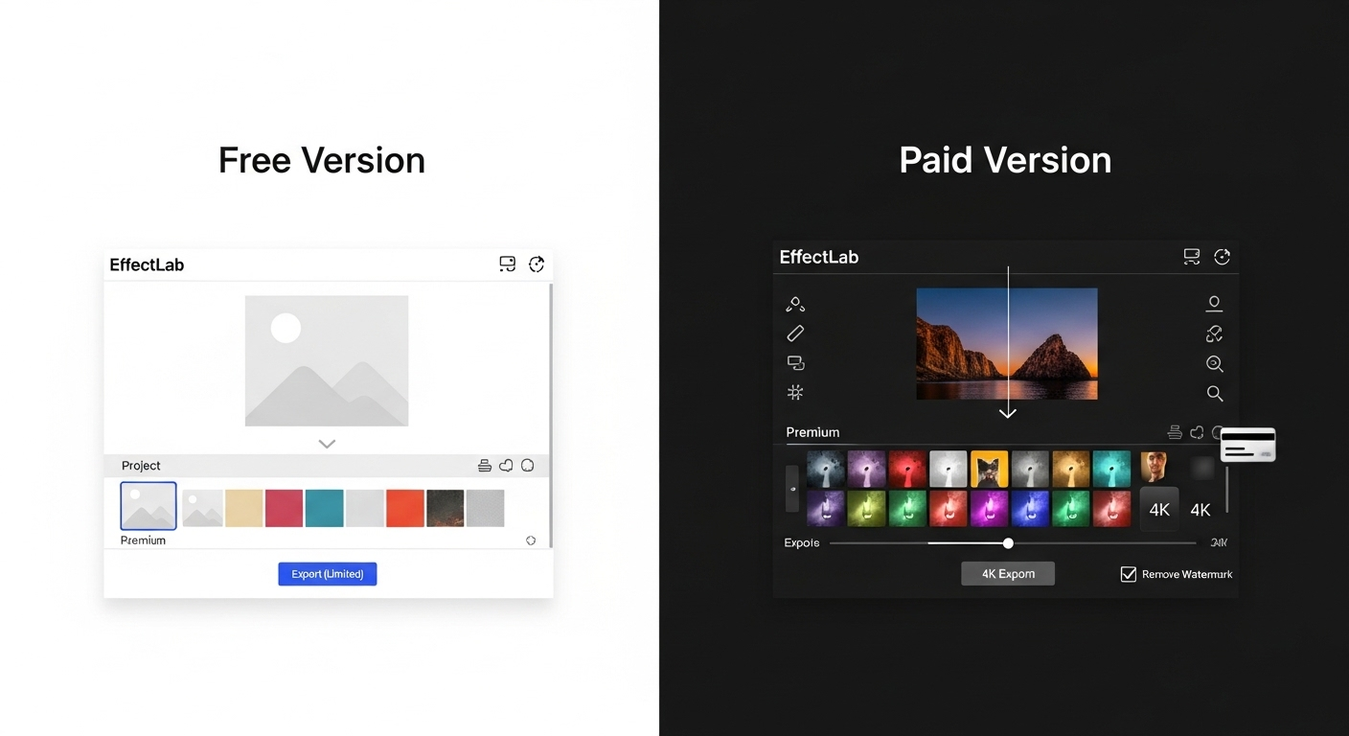 Tabela comparativa entre versão grátis e paga do EffectLab.