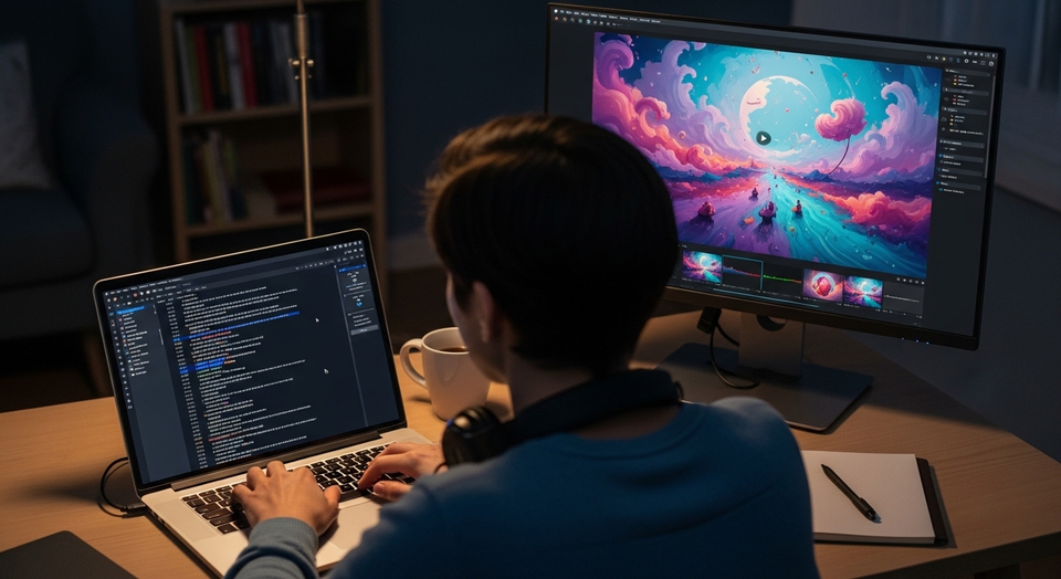 Pessoa edita vídeo colorido em monitor e programa no laptop.