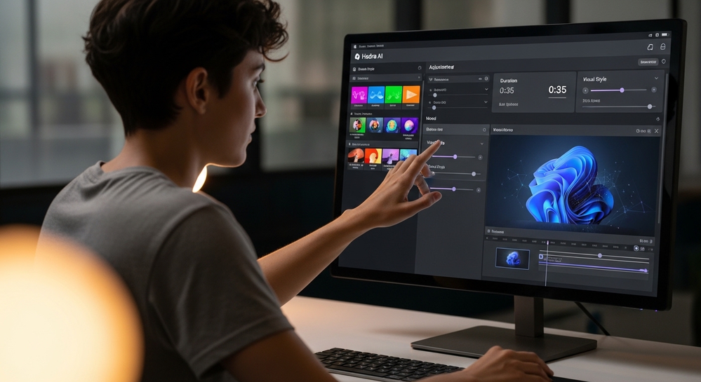 Jovem usa tela touch para editar vídeo com Hydra AI.