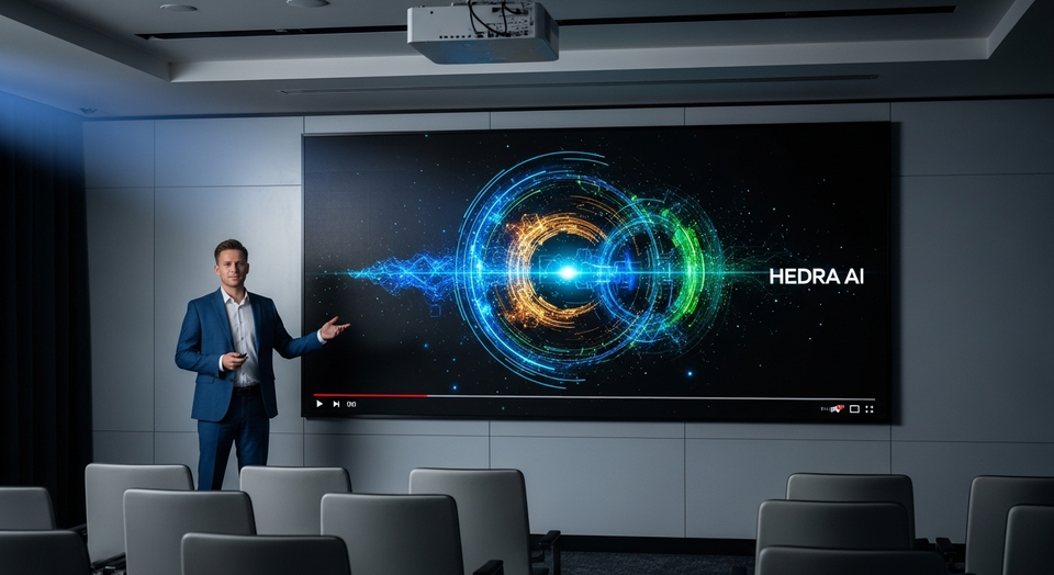 Executivo apresenta Hedra AI em tela gigante para plateia.