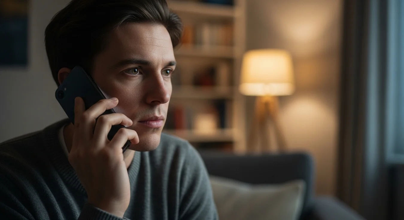 Homem jovem com expressão séria falando ao celular em ambiente interno à noite.