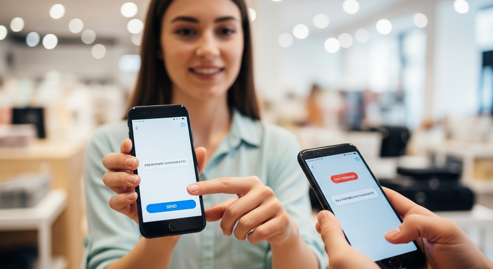 Mulher mostra celular enviando pagamento de fatura online.