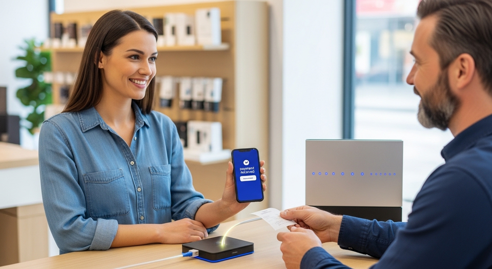 Cliente mostra confirmação de pagamento no celular em loja.