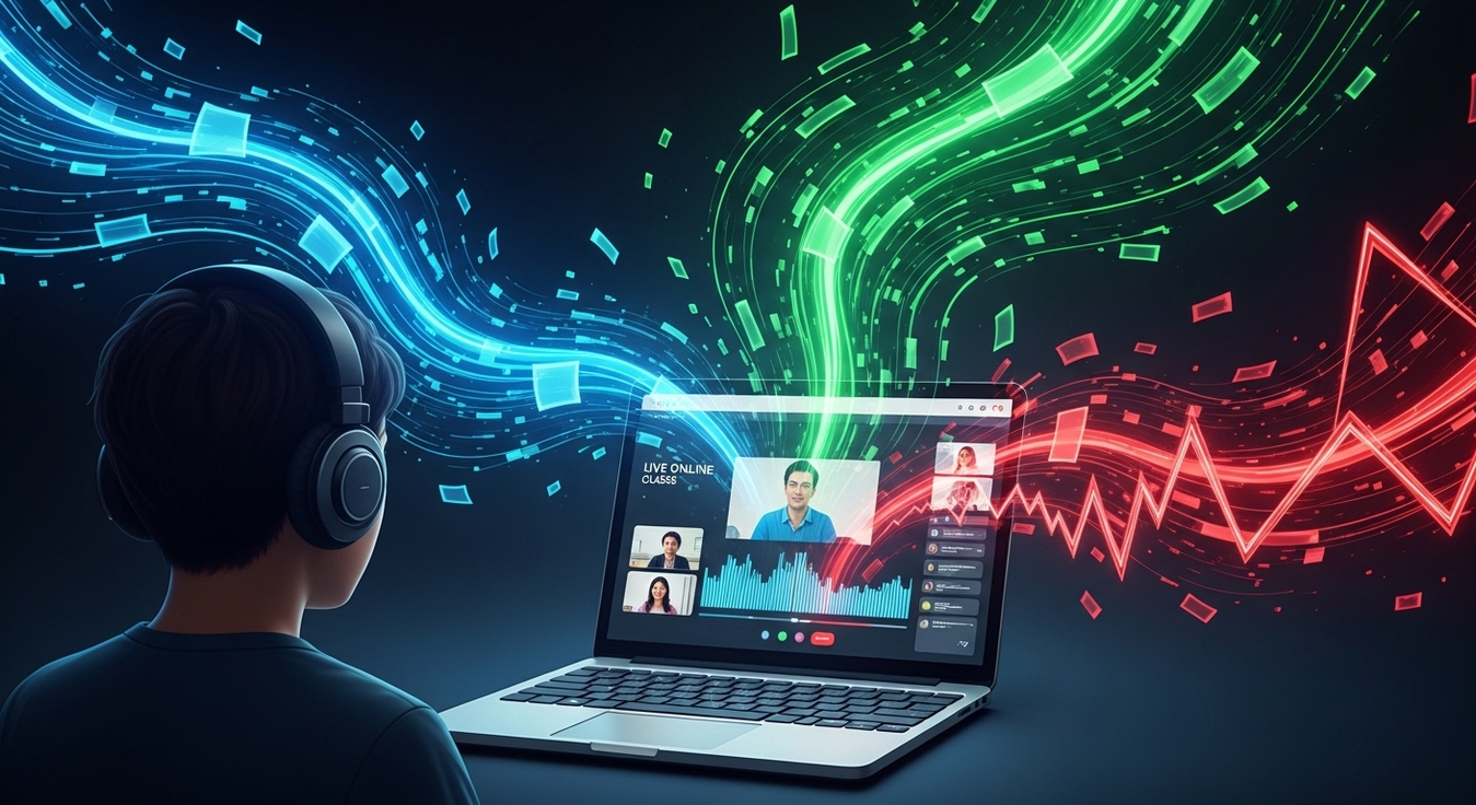Jovem com fone assiste aula online com fluxos de dados.