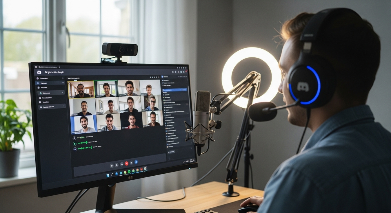 Homem com headset e microfone em videochamada no Discord.