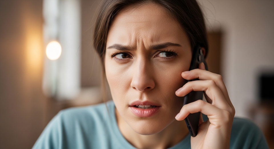 Mulher desconfiada segura celular durante chamada confusa.