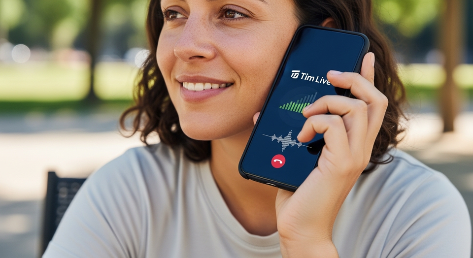 Mulher sorri ao usar o suporte de voz Tim Live no celular.