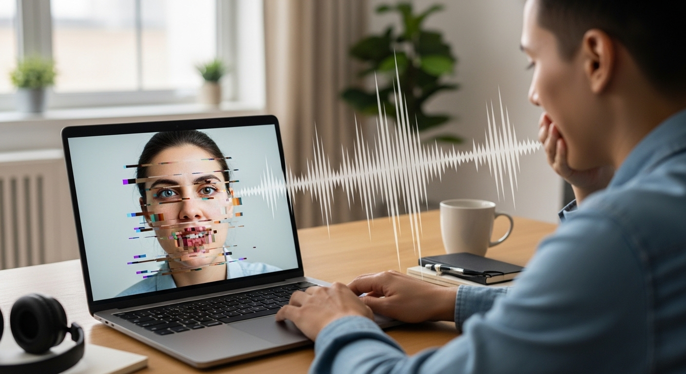 Mulher com distorção de imagem em chamada de vídeo no laptop.