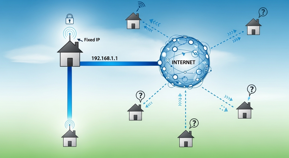 Diagrama mostra conexão de casa com IP fixo à internet.