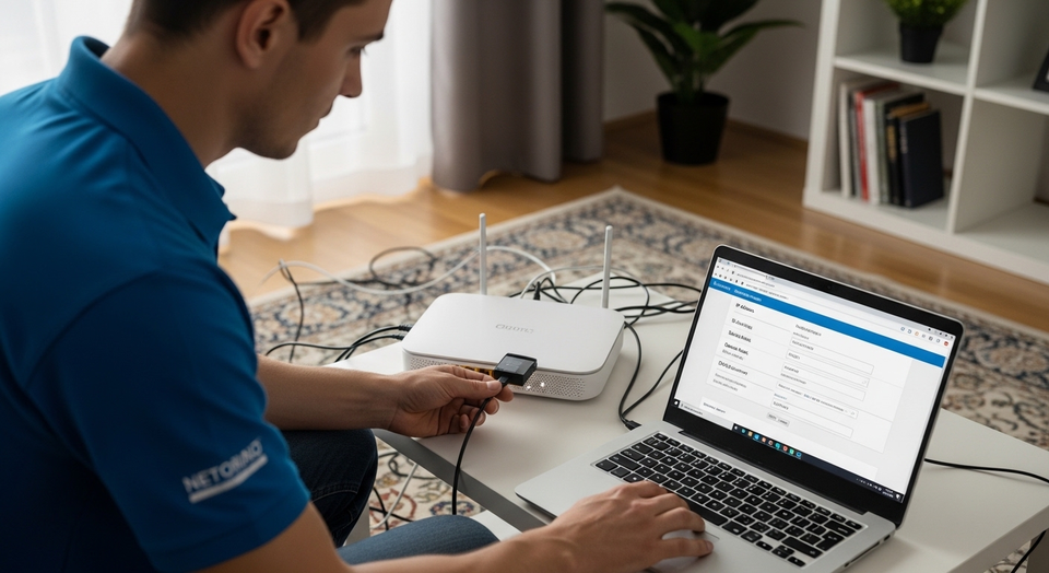 Homem conecta cabo ao roteador e usa notebook para ajuste.