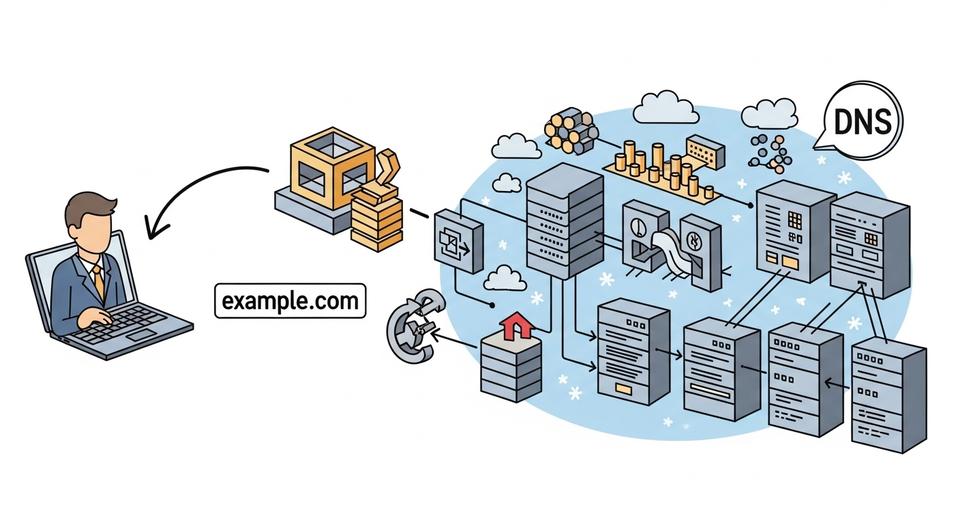 Infográfico explica como o DNS conecta domínio a servidores.