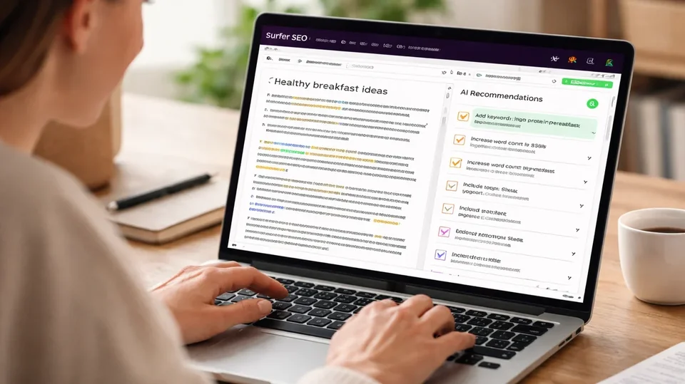 Pessoa usando o Surfer SEO no notebook para otimizar conteúdo.