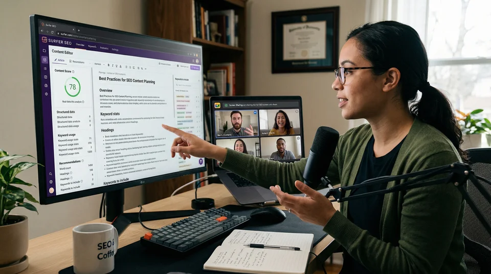 Mulher em videochamada apresentando painel do Surfer SEO.