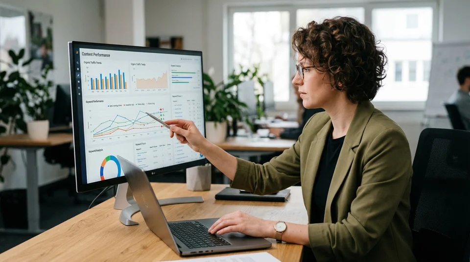 Mulher aponta para tela com gráficos de desempenho.