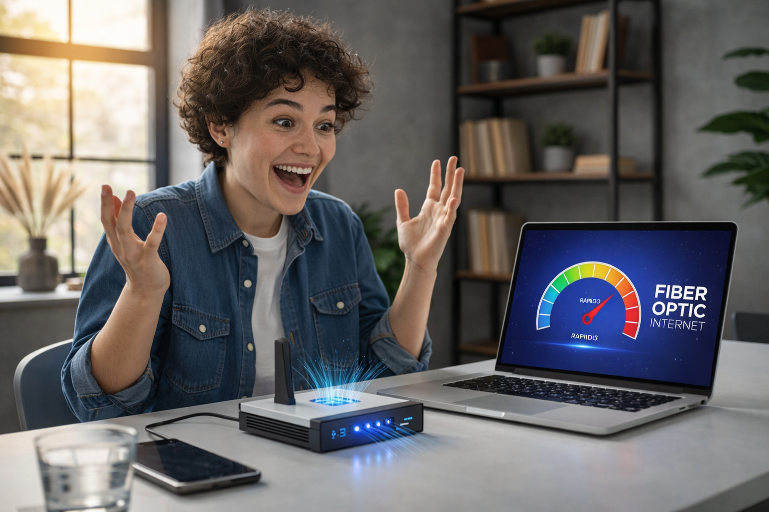 Mulher empolgada com teste de velocidade de fibra no laptop.