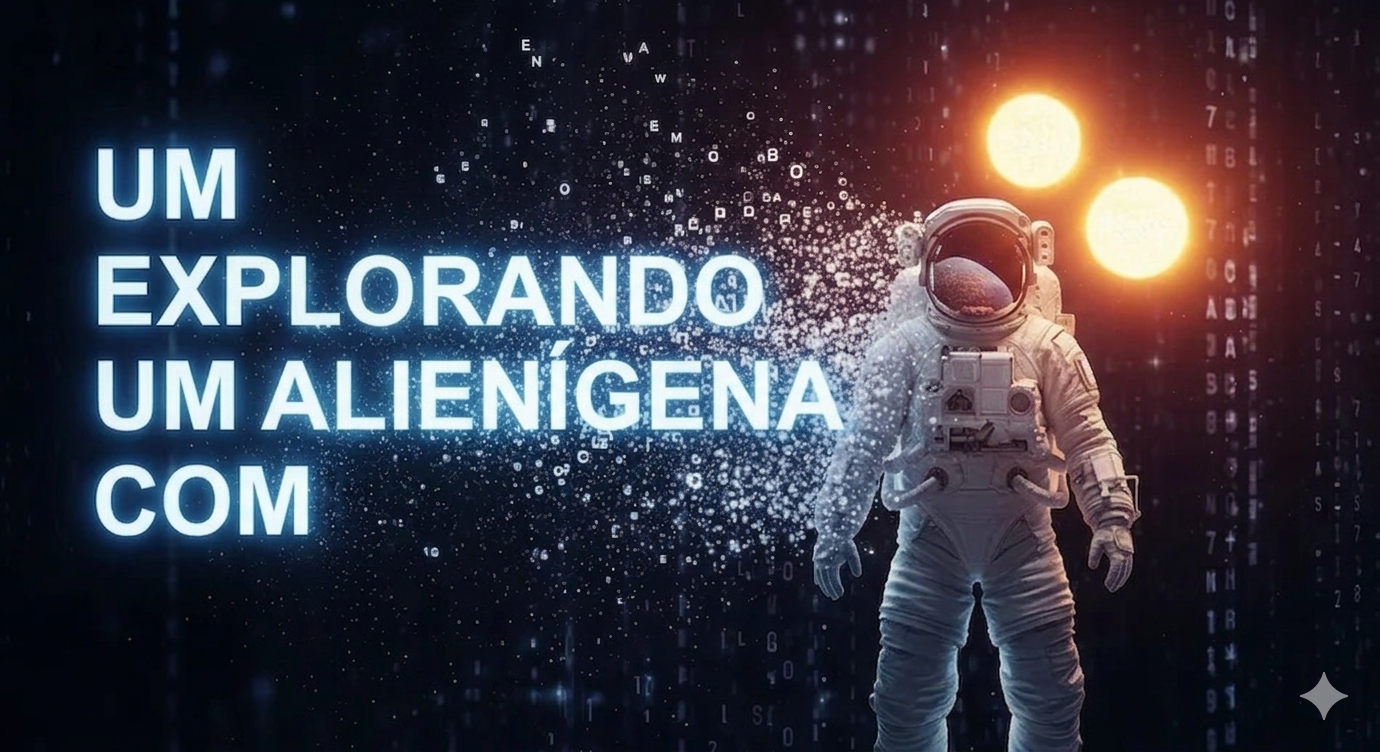Astronauta digital se dissolve em dados diante de dois sóis