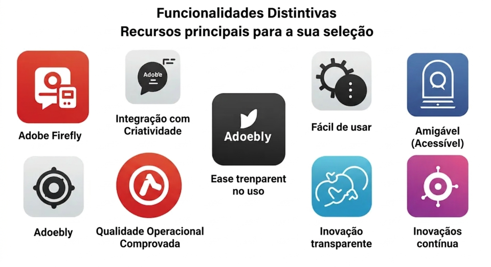 Ícones de softwares Adobe com textos distorcidos