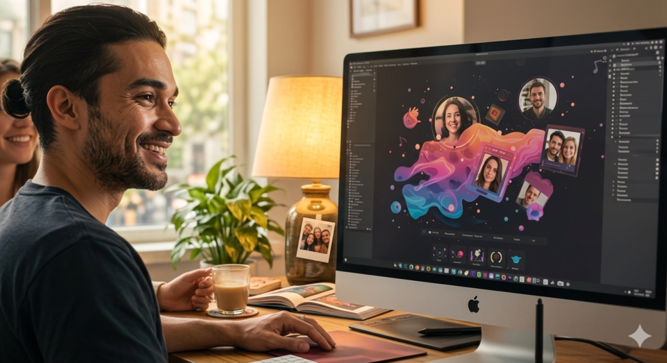 Designer sorridente criando arte digital colorida em computador