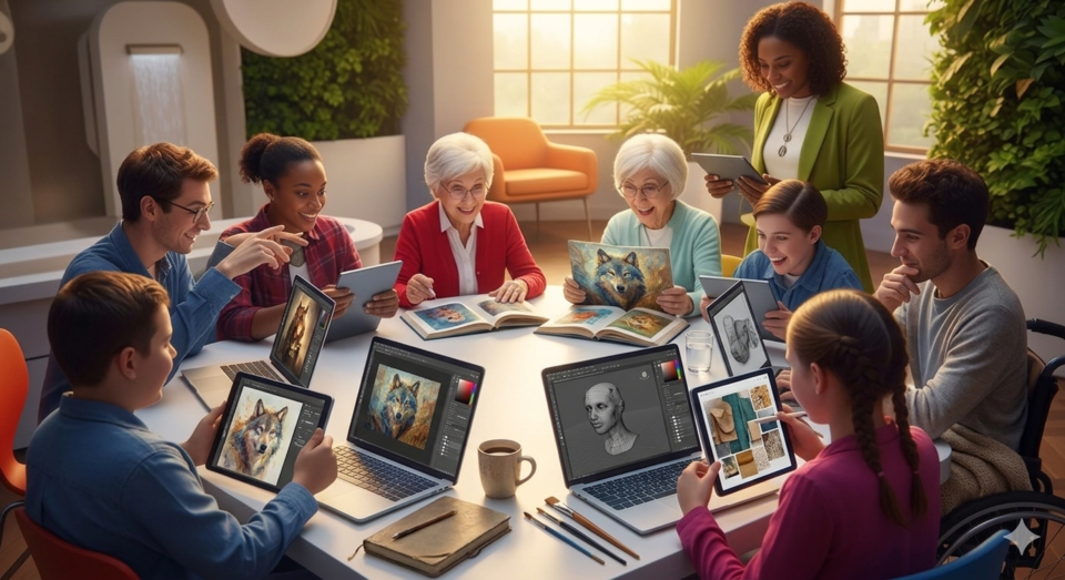 Grupo de pessoas de várias idades usa notebooks e tablets com imagens digitais