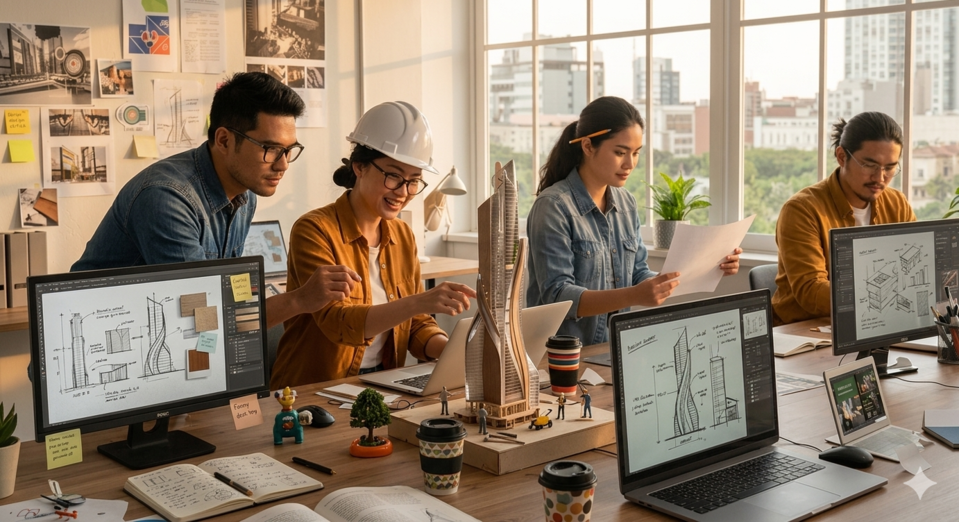 Equipe de arquitetos usando tecnologia 3D em escritório