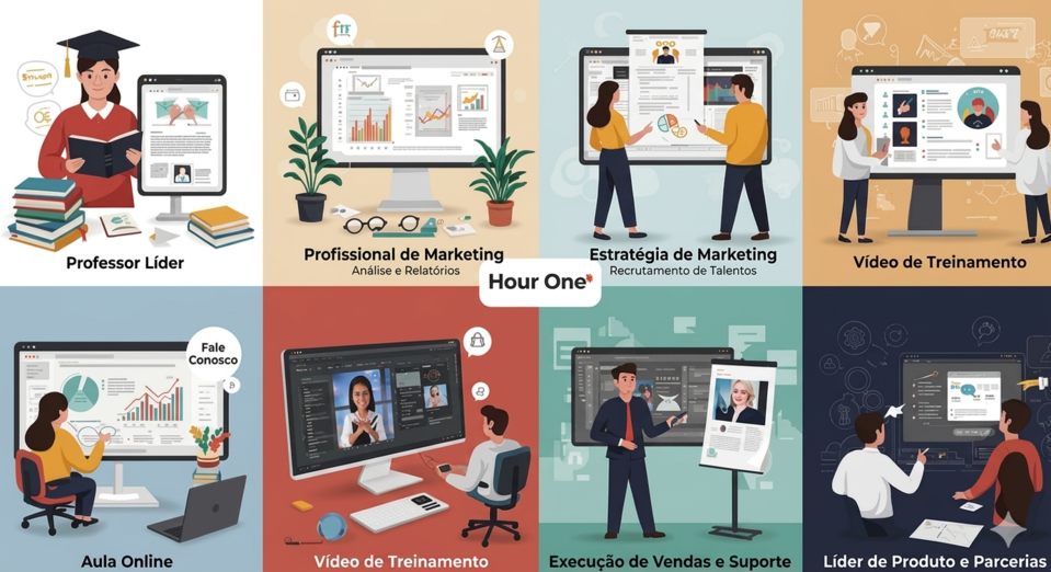 Exemplos de uso de avatares em aulas, marketing e treinamentos