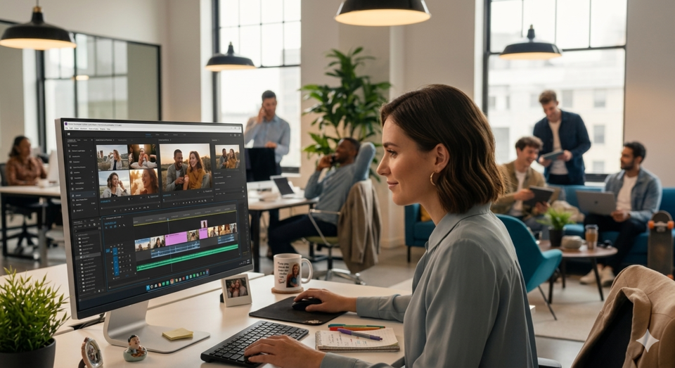 Mulher editando vídeo com RunwayML em ambiente de trabalho