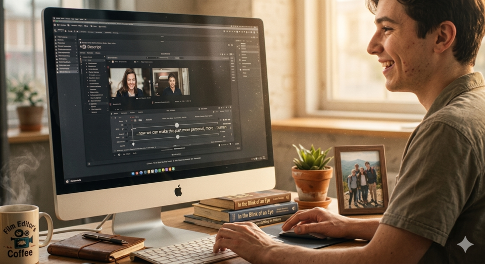 Jovem sorridente editando vídeo em computador iMac
