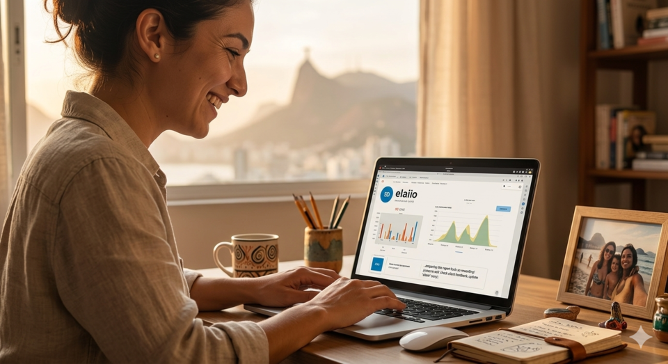 Mulher usando laptop com gráficos na plataforma Elai.io