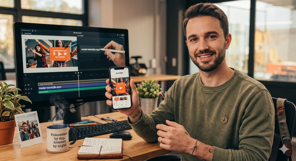 Homem mostra app Pictory no celular em escritório