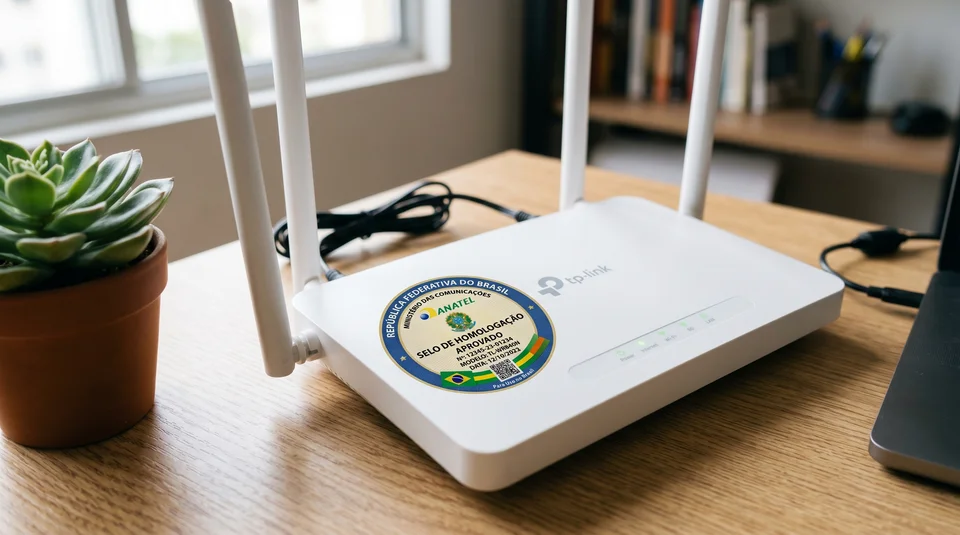 Roteador TP-Link branco com selo de homologação da ANATEL.