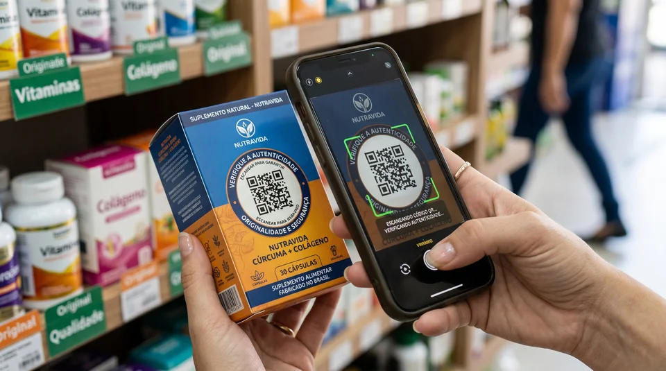 Pessoa usando celular para escanear QR Code de autenticidade em caixa de suplemento Nutravida.