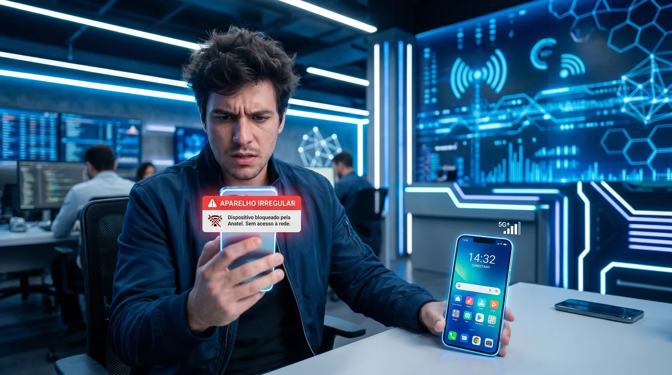 Homem preocupado segurando celular com alerta de aparelho irregular bloqueado pela Anatel.