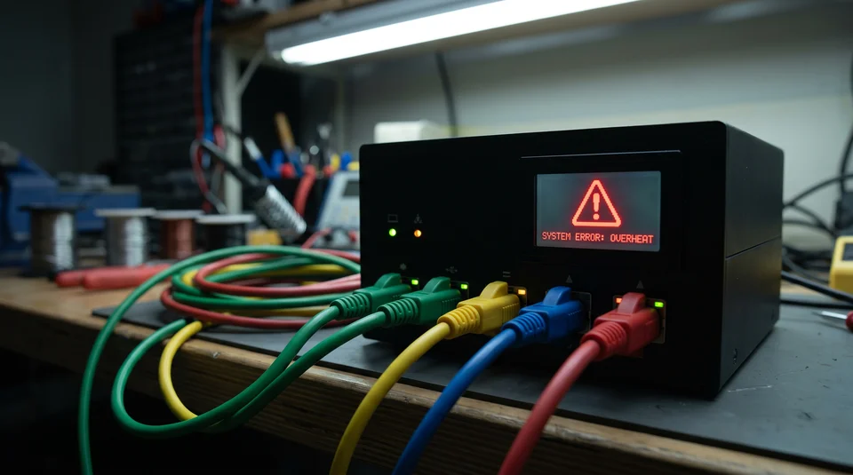 TV Box com alerta de erro e cabos conectados