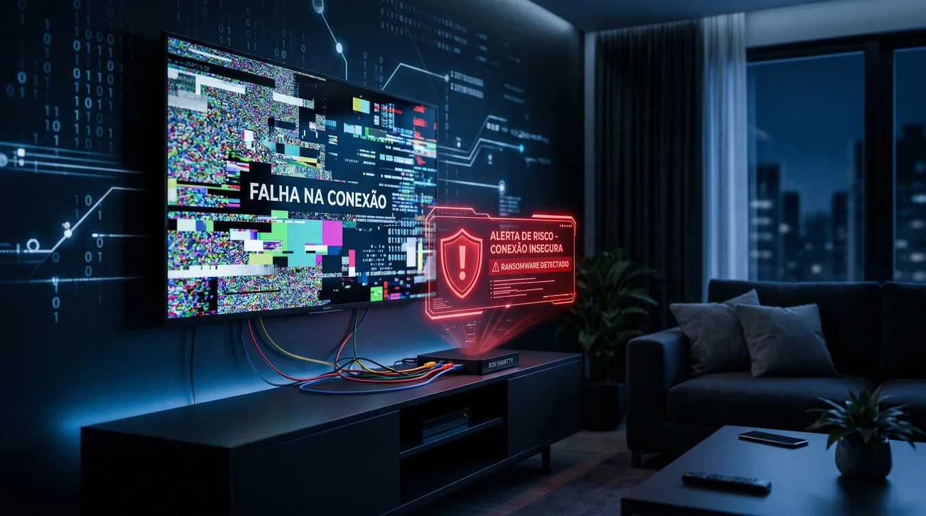 TV com falha na conexão e alerta de ransomware