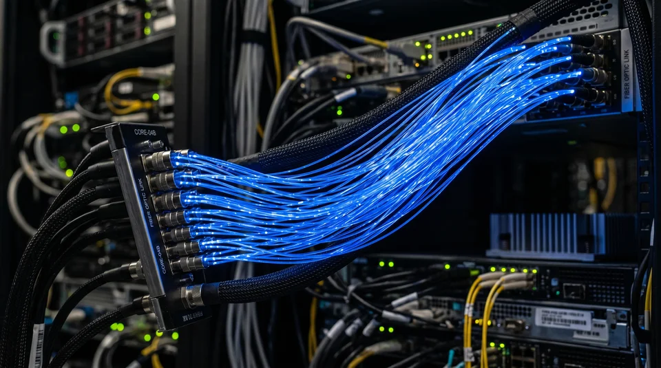 Close-up de cabos de fibra óptica azuis brilhantes conectados a um servidor em um data center.