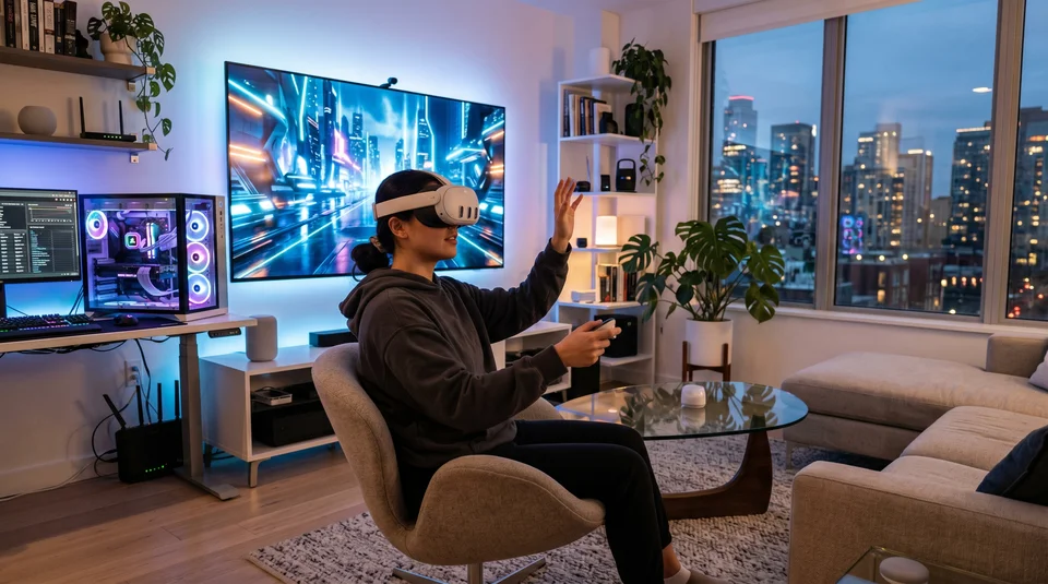 Pessoa usando óculos de realidade virtual em ambiente futurista com luzes neon e gráficos holográficos.