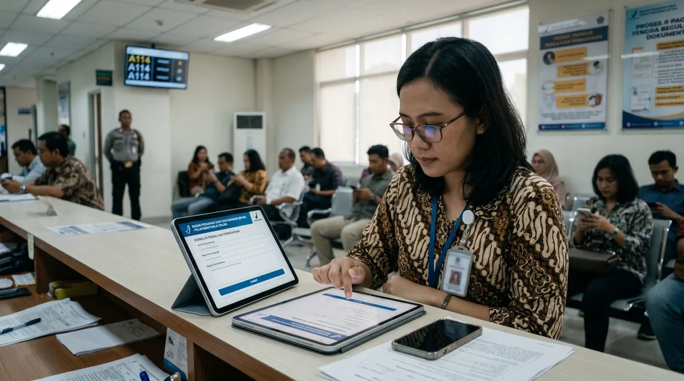 Mulher de óculos usando tablet em balcão de atendimento público.