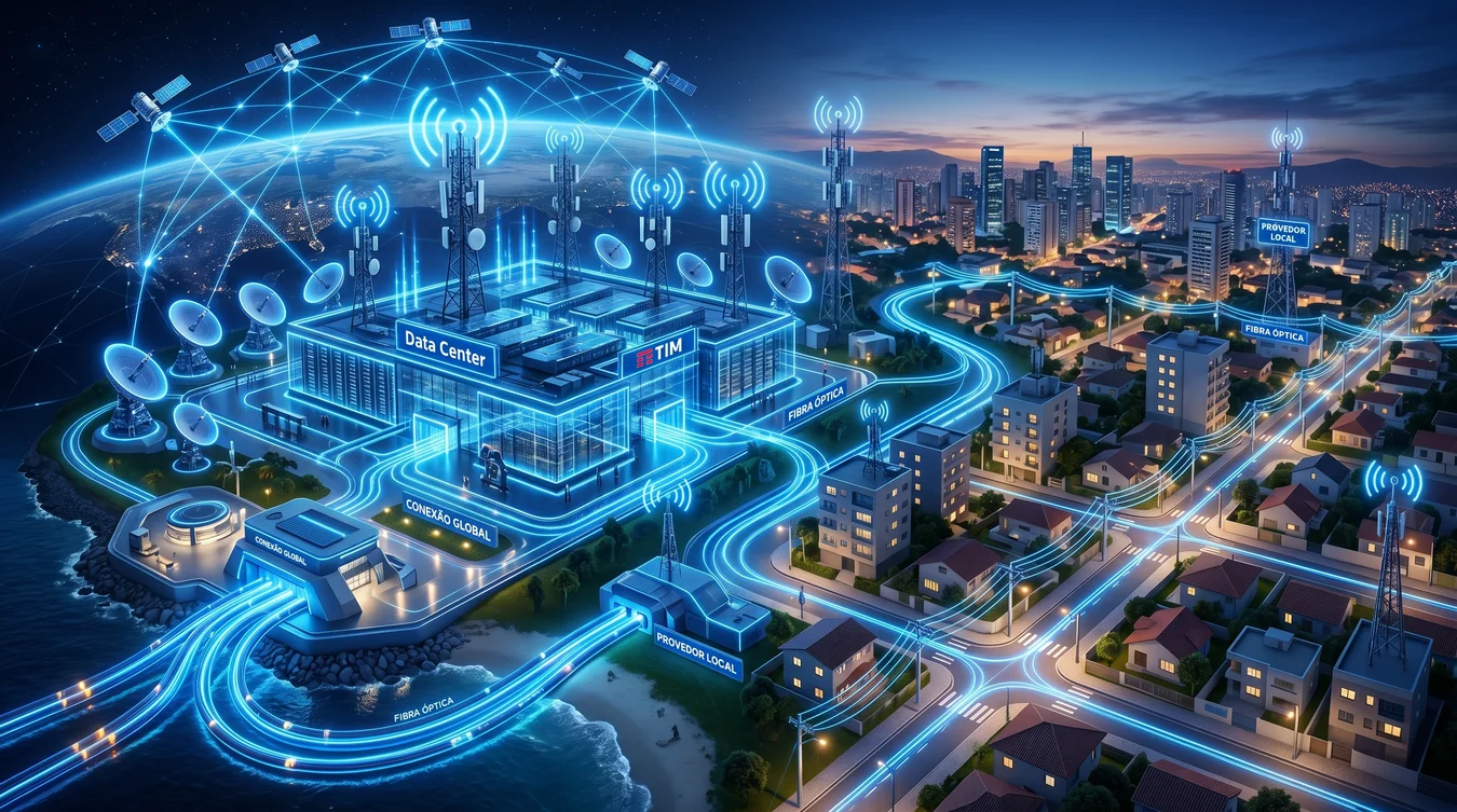 Rede futurista de fibra óptica e satélites conectando data center.