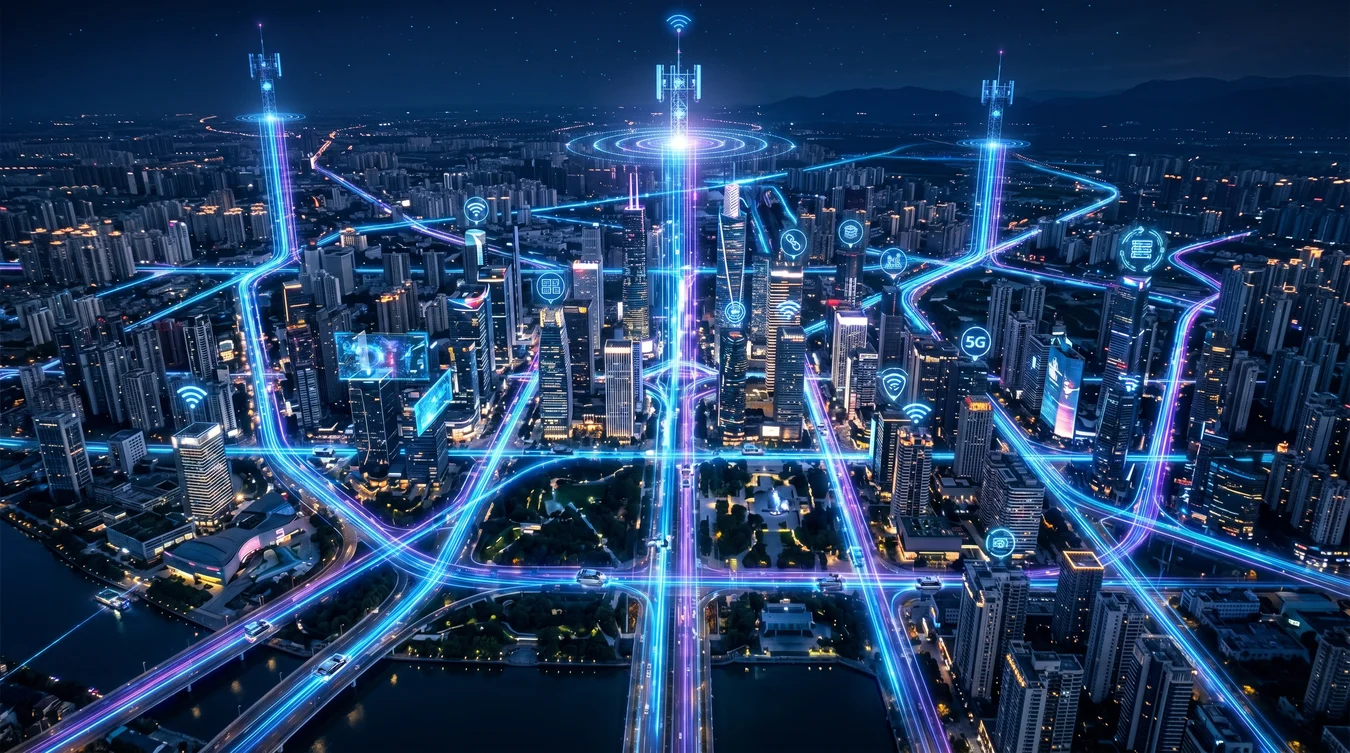 Visão aérea de metrópole conectada por feixes de luz.