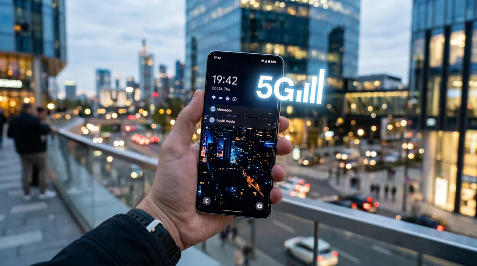 Mão segurando smartphone com ícone brilhante de sinal 5G em cenário urbano noturno.