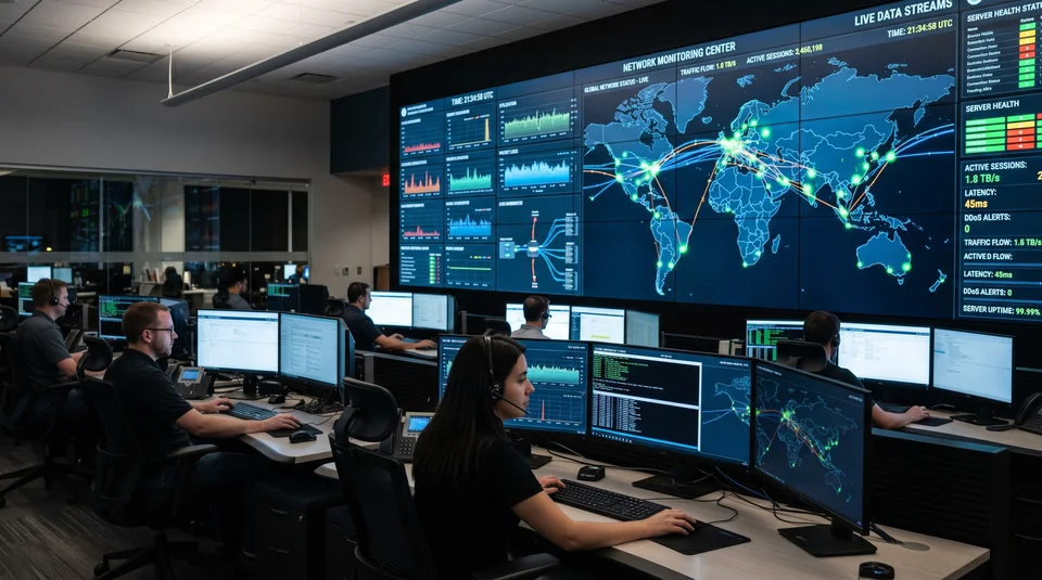 Operadores em central de monitoramento de rede de telecomunicações com painel global.