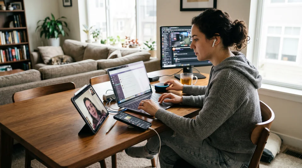 Mulher em home office trabalhando com laptop, monitor e tablet.