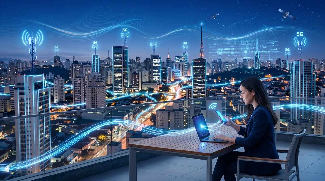 Mulher na sacada usando celular e notebook com rede 5G na cidade.